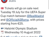 What a mistake! UEFA has started selling tickets for the European Super Cup between "Real" and "Roma"