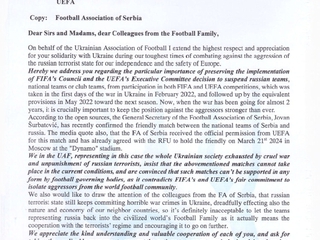 Українська асоціація футболу звернулася до ФІФА, УЄФА та Футбольного союзу Сербії щодо «товариського матчу» із Росією